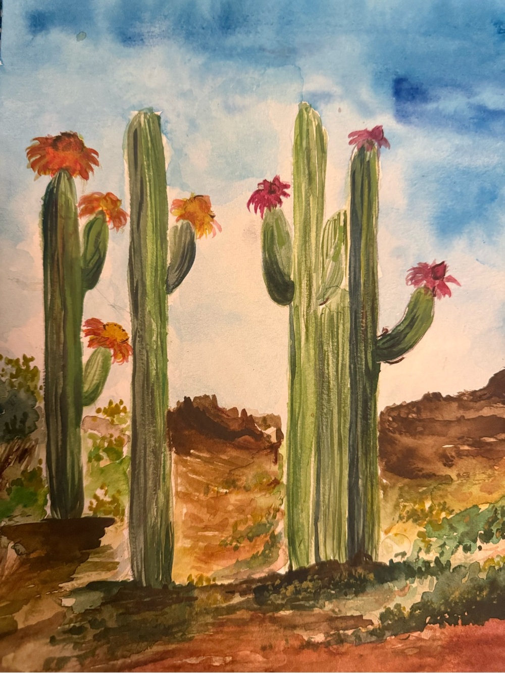 Hand-Painted Cactus Watercolor Print - Green with Pink & Orange Blooms